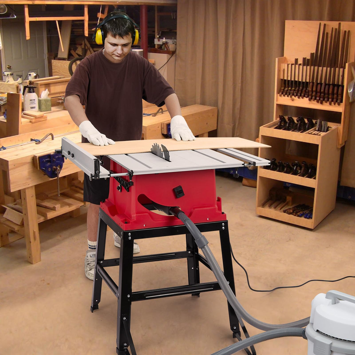 Table Saw 10 Inch, 15 Amp 5000RPM Powerful Tablesaw With Stand & Protective Cover, 36 X 25 Inch Tabletop Saw 90° Cross Cut & 0-45° Bevel Cut, Adjustable Depth, for Woodworking, Metal, Plastic