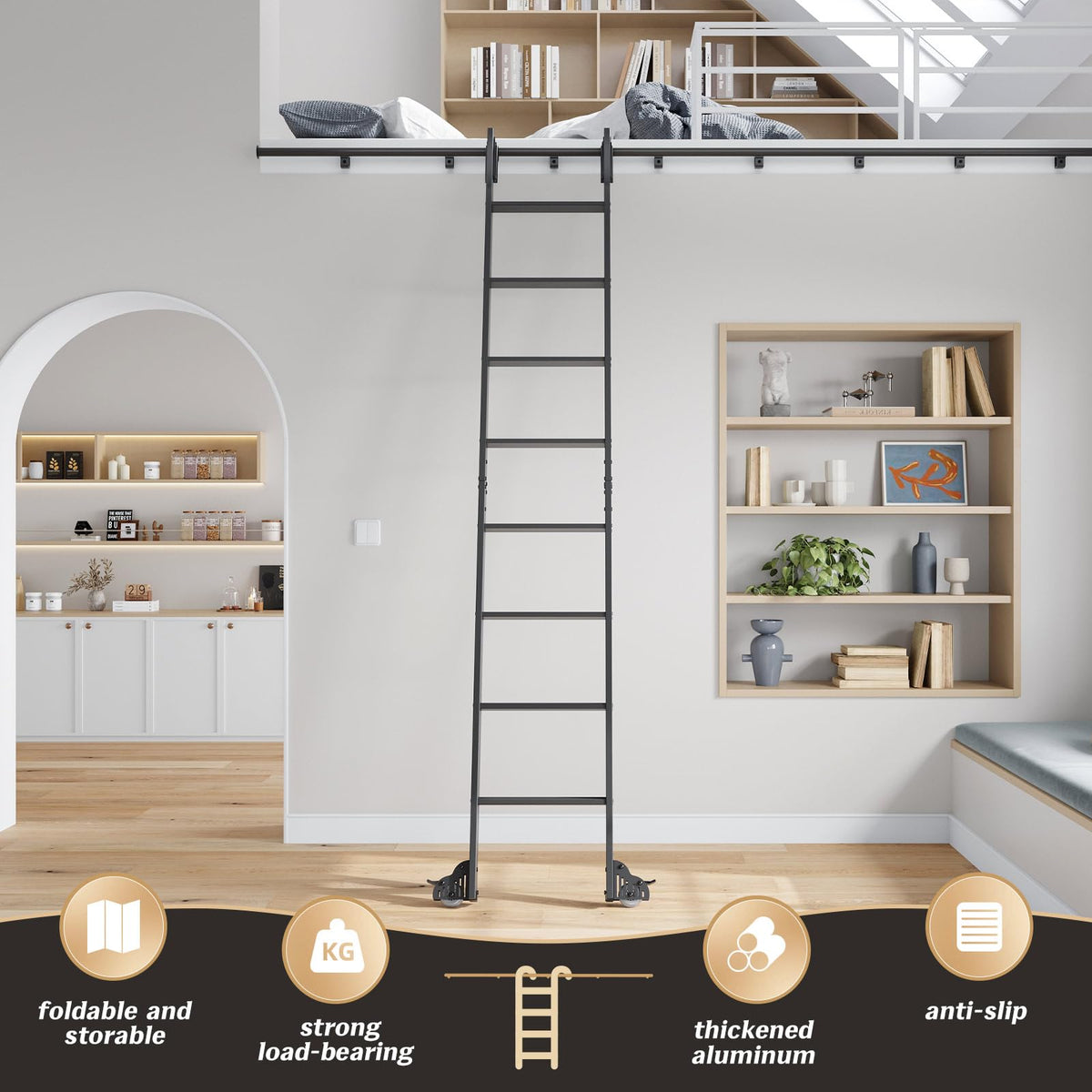 Fredbeck Aluminium Rolling Library Step Ladders 108" with 8FT Sliding Hardware Track Kit for Kitchen,Loft,Warehouses,Bookstore,attic,Metal Black