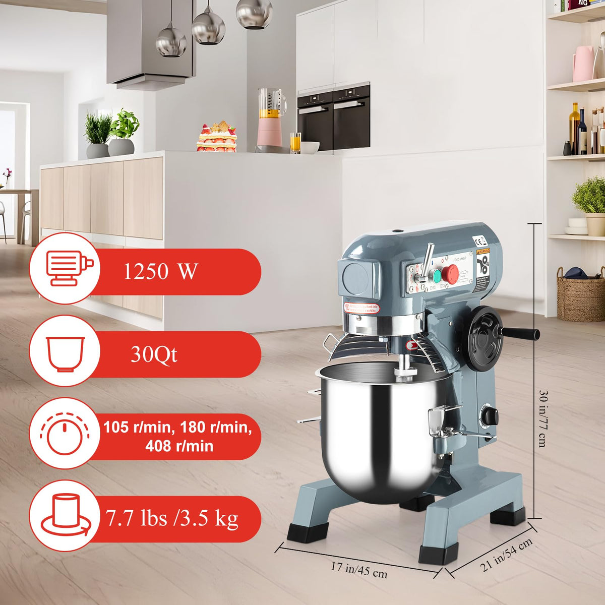 Towallmark 30QT Commercial Food Mixer with Timing Function, 1250W 3 Speeds Adjustable, Stainless Steel Bowl Stand Mixer With Safety Guard, Premium for Schools Bakeries Restaurants Pizzerias