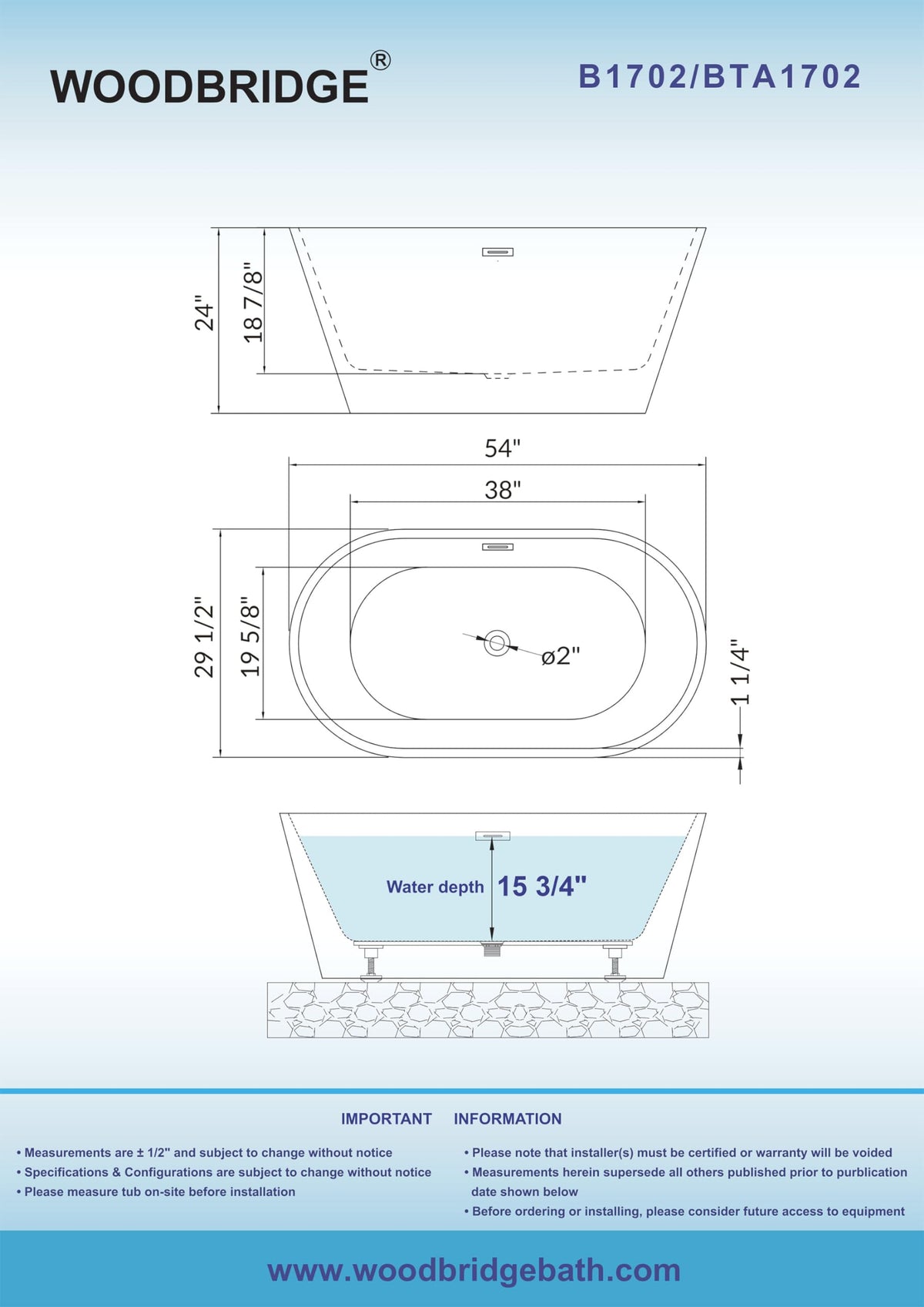 WOODBRIDGE 54"Freestanding White Acylic Soaking Bathtub with Chrome Drain and Overflow,BTA1702-C-Drain&O