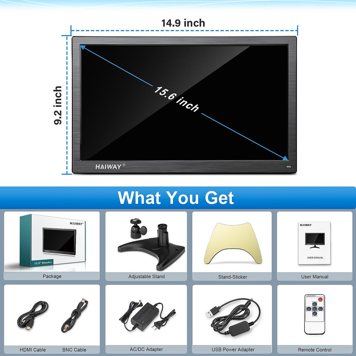 Haiway 15.6 inch Small Computer Monitor, High Resolution 1920x1080P Small hdmi Monitor with HDMI/VGA/BNC/AV/USB Port for PC, Laptop, CCTV Security Monitors with Remote Control, Built-in Speakers