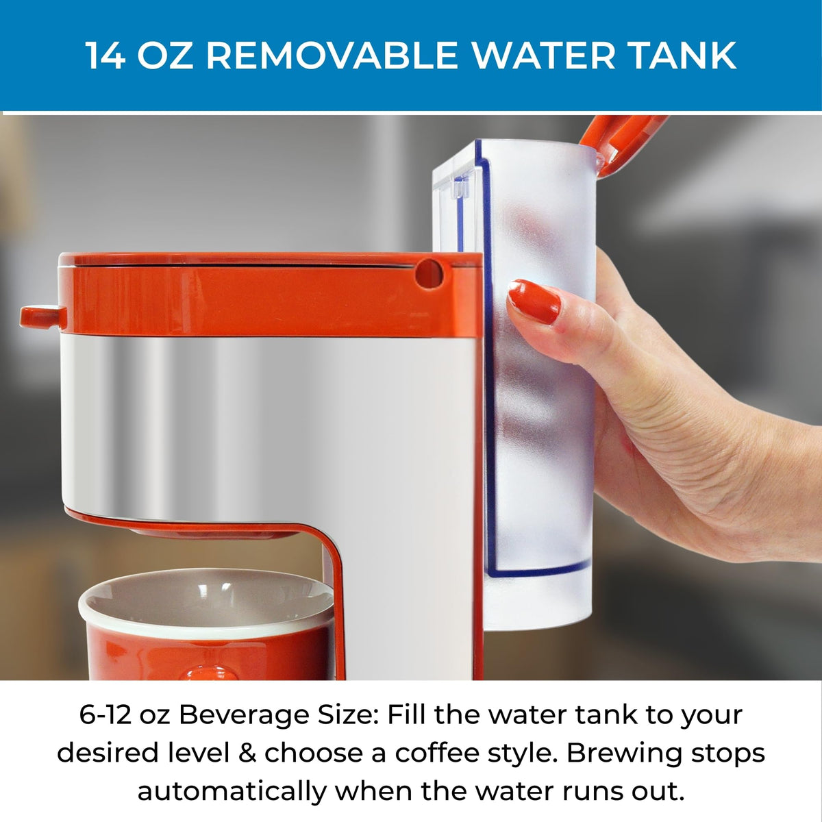 Kenmore Single Serve Coffee Maker – 6–12 Oz Brew Sizes, Compatible with Keurig K‑Cup Pods & Ground Coffee, One Cup Brewer, Travel Mug Friendly, Auto Shut‑Off, Hot & Iced maquina de cafe, Red