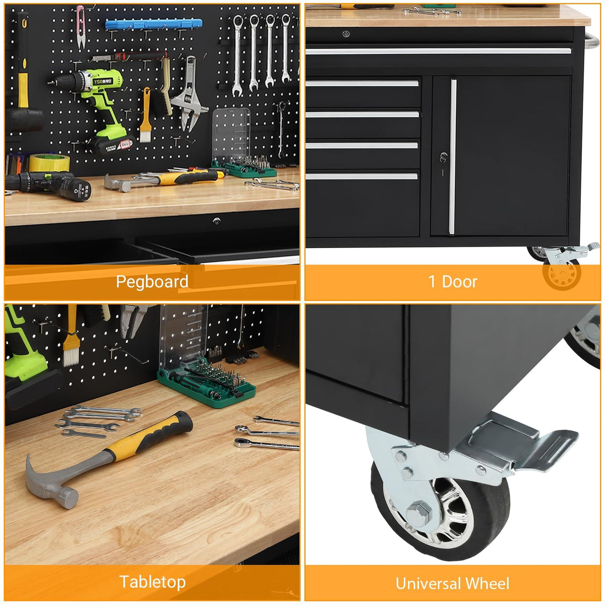 61" Rolling Tool Chest Workbench with 10-Drawers & Solid Rubber Wood Top, Mobile Heavy Duty Tool Storage Cabinet with Lock, Casters, Drawer Liner & 1675 LBS Load Capacity, Includes Power Strip