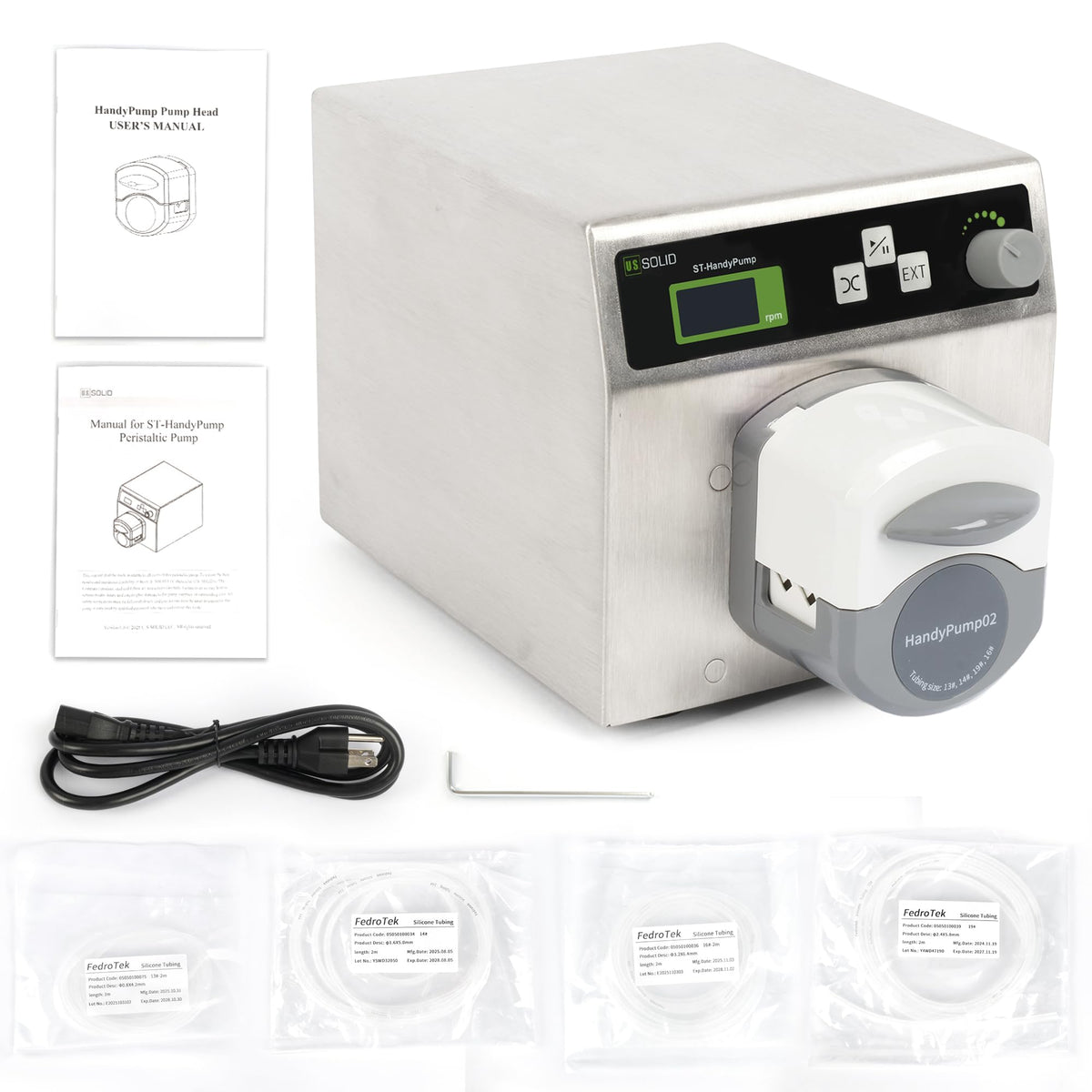 U.S. Solid Dual-Channel Variable-Speed Peristaltic Pump – 0.1-300 RPM (0.0033-190.76 mL/min) with 4 Tubing Sizes (13#,14#,19#,16#) Ideal for Lab, Industrial, and Medical Applications