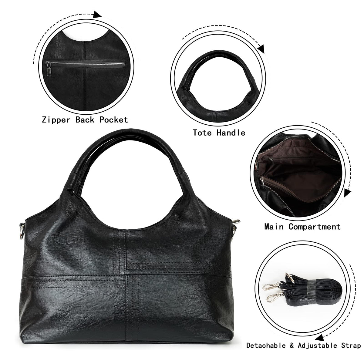 KOGTLA Vegan Leather Purses for Women with Detachable Satchel Strap, Ladies Handbags, Tote Hobo Bags with Top Handle Black