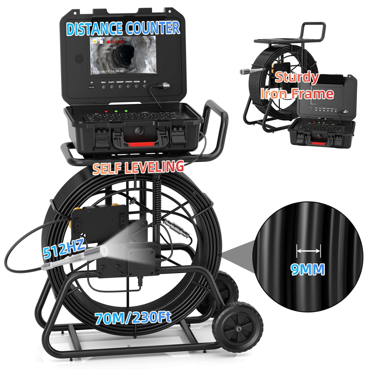 Sanyipace Sewer Camera 230FT/70M with 512Hz Transmitter, Self-Leveling, Drain Plumbing Pipe Inspection Camera with Mic Speaker, DVR Recorder, 16GB TF Card, 9mm Rigid Cable, Pipe Pulley Guide Wheel