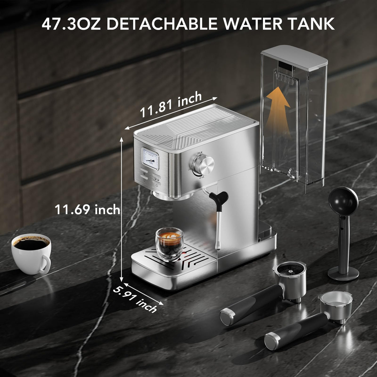 Espresso Machine 20 Bar, Compact Espresso Maker with Milk Frother, Visual Pressure Gauge, Commercial Coffee Machine with 47oz Removable Water Tank and Capsule Funnel, for Cappuccino, Latte