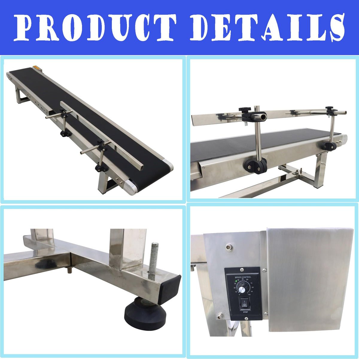 HQHAOTWU Flat Belt Conveyor PVC Belt Transport Conveyor Benchtop with Single Guardrail Stainless Steel Frames 59×7.8inch