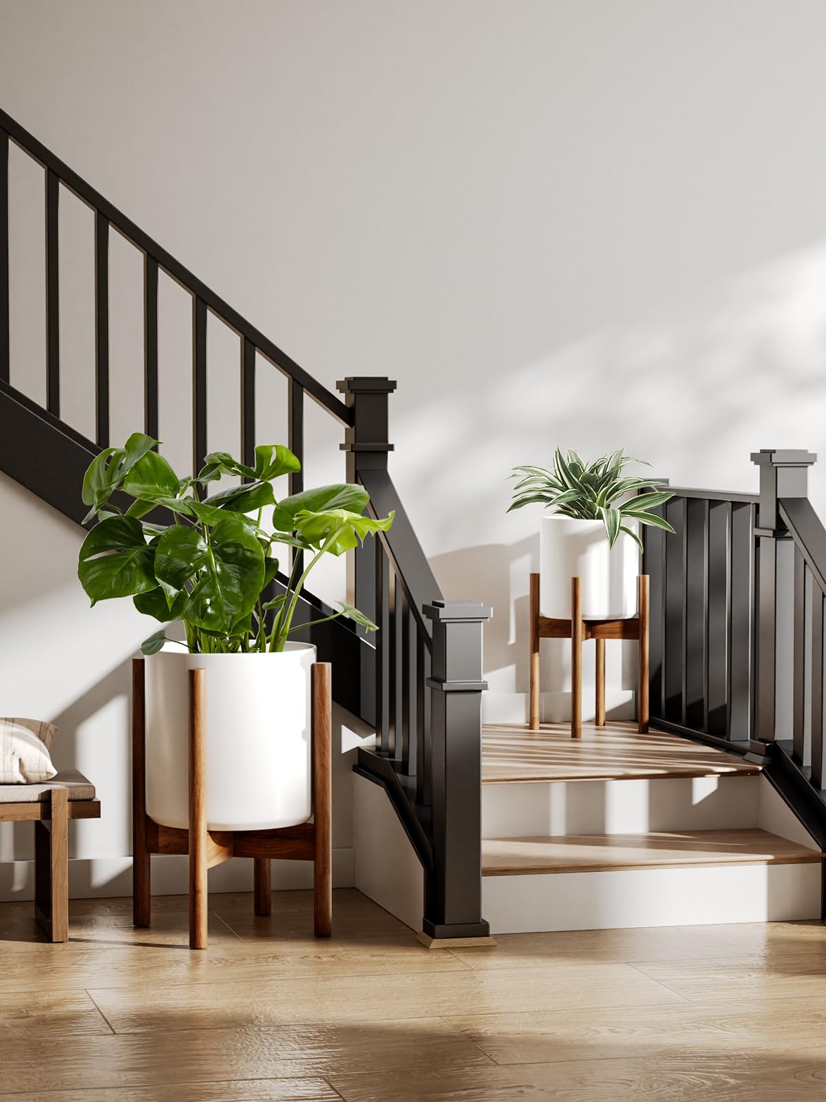 LE TAUCI 12 Inch Planter with Acacia Wood Stand, Large Ceramic Indoor Plant Pot with Drainage Hole & Plug, Mid Century Modern Plant Holder for Fiddle Leaf Fig, Monstera, Snake Plant, White