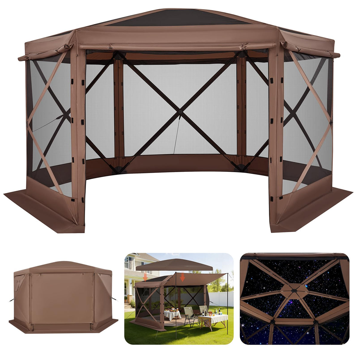 VEVOR Pop up Gazebo Screen Tent, 12 x 12 ft Large 6-Sided Camping Canopy Tent with Removable Top & Carry Bag, Quick-Set & Bite-Proof, Screen House Sun Shelter for 8-10 Persons Backyard Patio, Brown