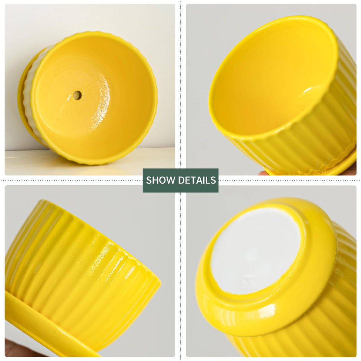 Ton Sin Ceramic Flower Pots,Yellow Plant Pots for Indoor Plants,4.1+5.1+6.5 inch Ceramic Plant Pots with Tray,Medium Indoor Planters for Aloe Cactus Decorative Pots with Drainage Hole (Set of 3)
