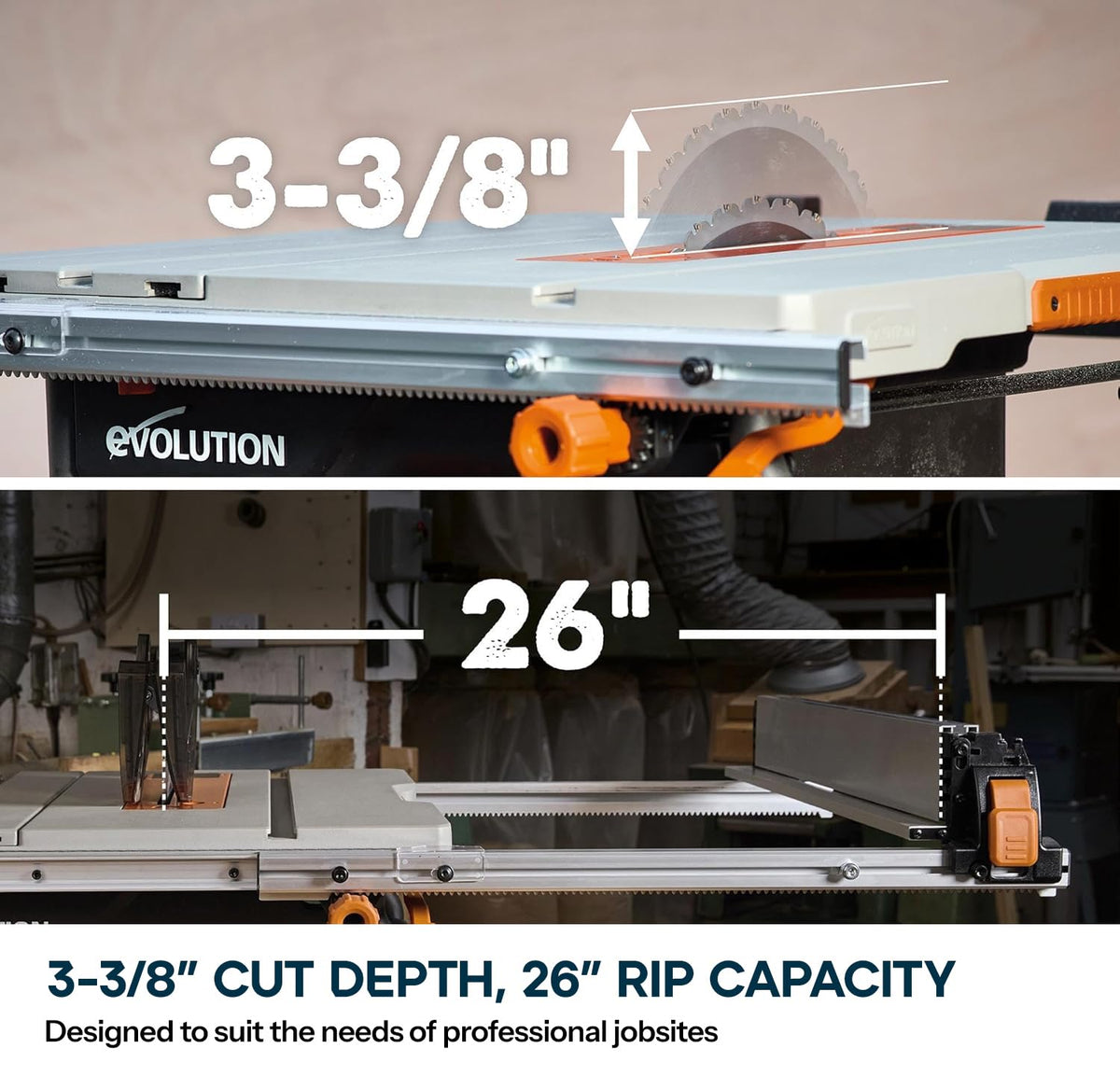 Evolution R10TBLX 10" Jobsite Table Saw with Wheeled Stand | Zero-Clearance Throat Plate | Dado Plate Included | 15A Motor | 26” Rip | 3-3/8” Cut | 0-45° Bevel | Precision Fence | Heavy Duty Portable