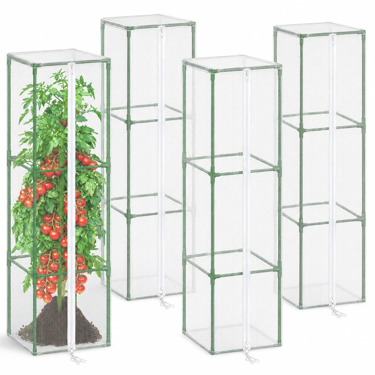Halatool Garden Tomato Plant Cover Netting, Fits 40–50" Tall Square Tomato Cages, Garden Bird Netting with Zipper & Drawstring, Insect Barrier, Plant Covers from Insects Animals, 4 Pack, 43"×15.7"
