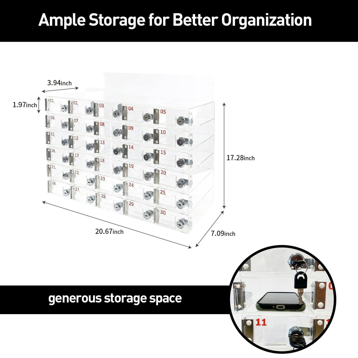 automoris 30-Slot Lockable Phone Locker, Heavy-Duty Acrylic Cell Phone Storage Cabinet with Cell Phone Locker Box for Medium Office, Factory, Secure Organization Box with Keys Gym Swimming Pool