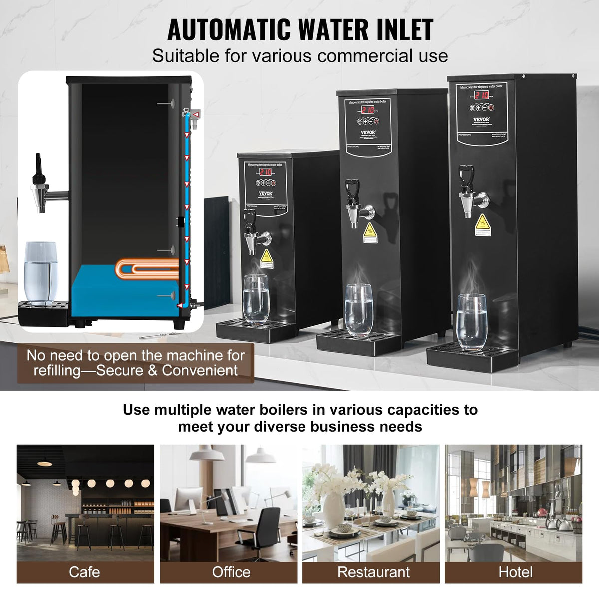 VEVOR Commercial Water Boiler, 10L Electric Hot Water Dispenser with 316 Stainless Steel Heating Tube, 1500W Step-by-step Fast Heating 50L/H Hot Water Boiler, for Coffee Tea Restaurant Office