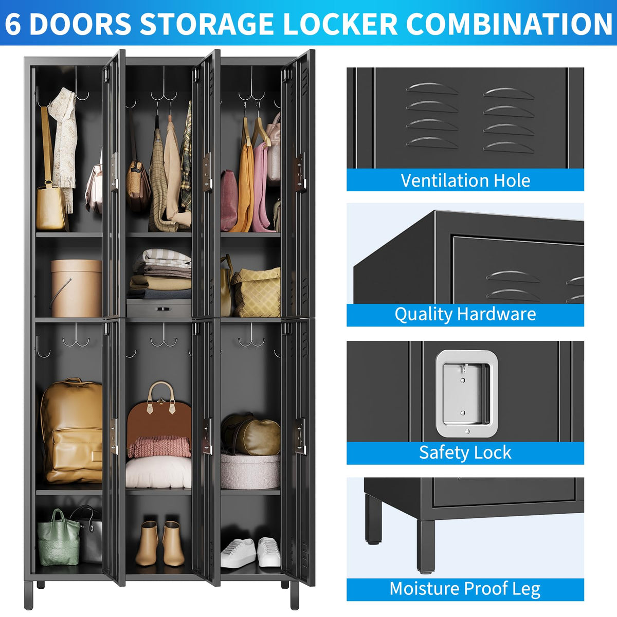 6-Door Employee Metal Locker Cabinet with 12 Hooks & 6 Adjustable Shelves, Lockable Steel Storage Cabinet for Office, Gym, Garage & School