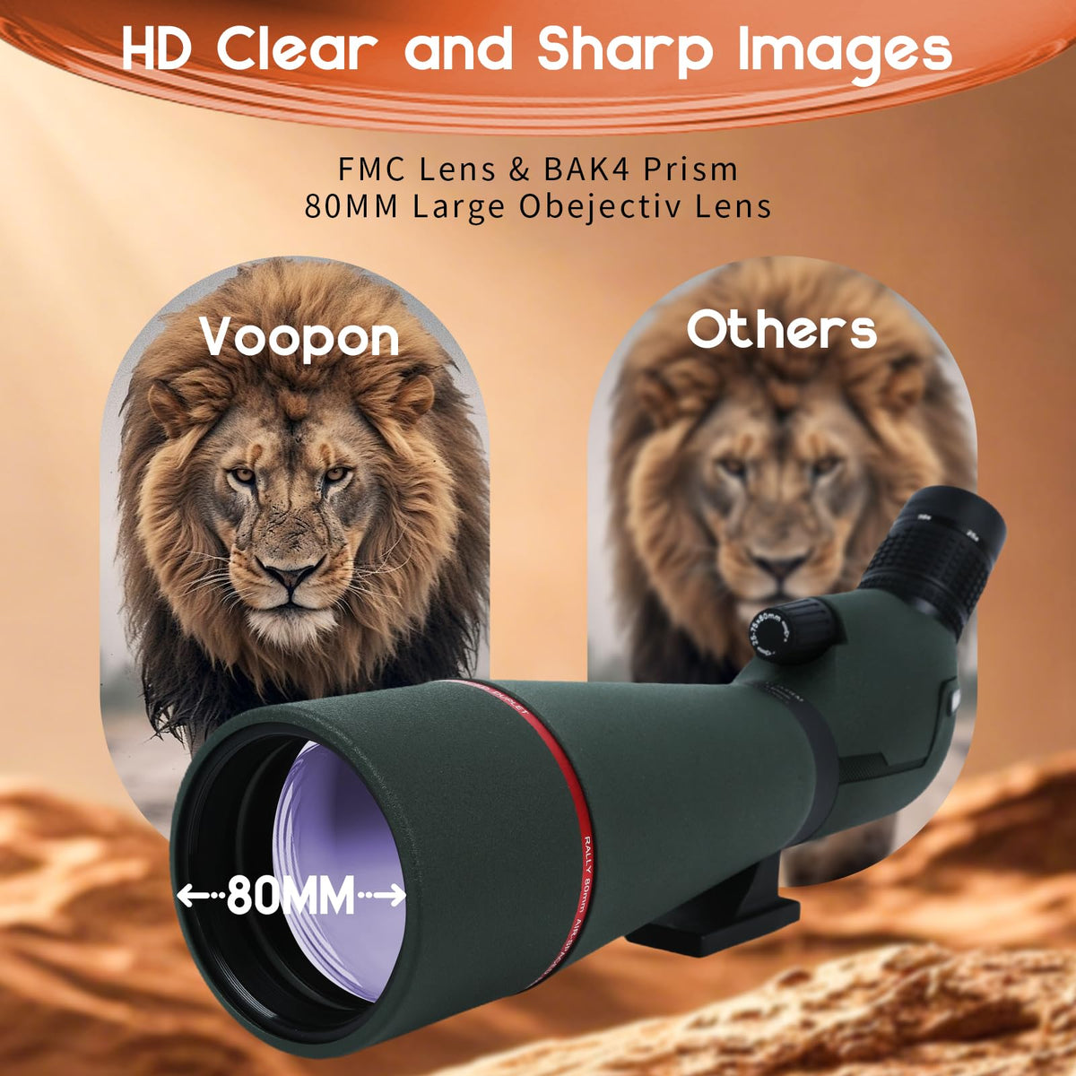 Voopon 25-75x80 HD Spotting Scope - BAK4 Prism Nitrogen-Filled with Phone Adapter, and Carrying Bag for Target Shooting, Hunting, Bird Watching, and Wildlife Viewing - Waterproof Frogproof Telescope