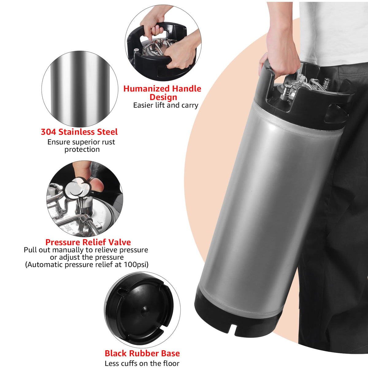Ferroday Upgraded 5 Gallon Ball Lock Keg, Stainless Steel Corny Keg with Ball Lock Post, Portable Cornelius Beer Keg with Dual Rubber Handle, Gasket Set for Commercial Home Brewing