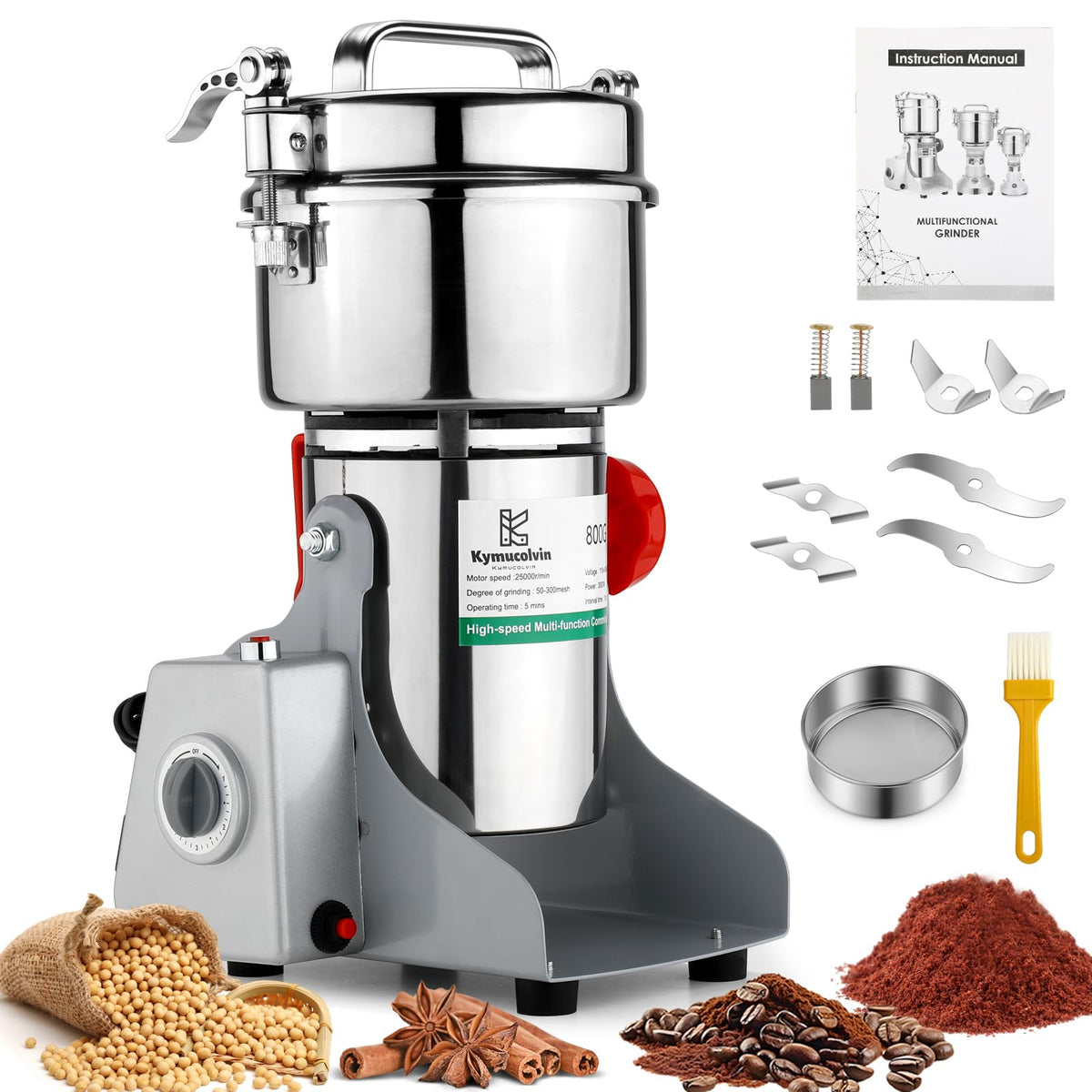 Kymucolvin Electric Grain Mill Grinder-800g 110V 3000W Performance Grain Mill,Suitable for Kitchen, Household,Commercial Use of Crushing Dry Grains,Spices,Herbs,Coffee,Corn,Pepper Grinder.(800g)