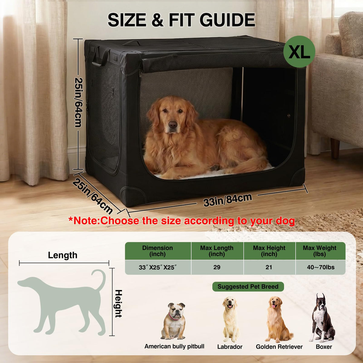 33 x 25 x 25 Inch Collapsible Soft Dog Crate for Dogs Up to 70 lbs, Portable Travel Pet Kennel with 4 Zip Doors, Foldable Indoor Outdoor Crate with Mat, Carry Bag, Black