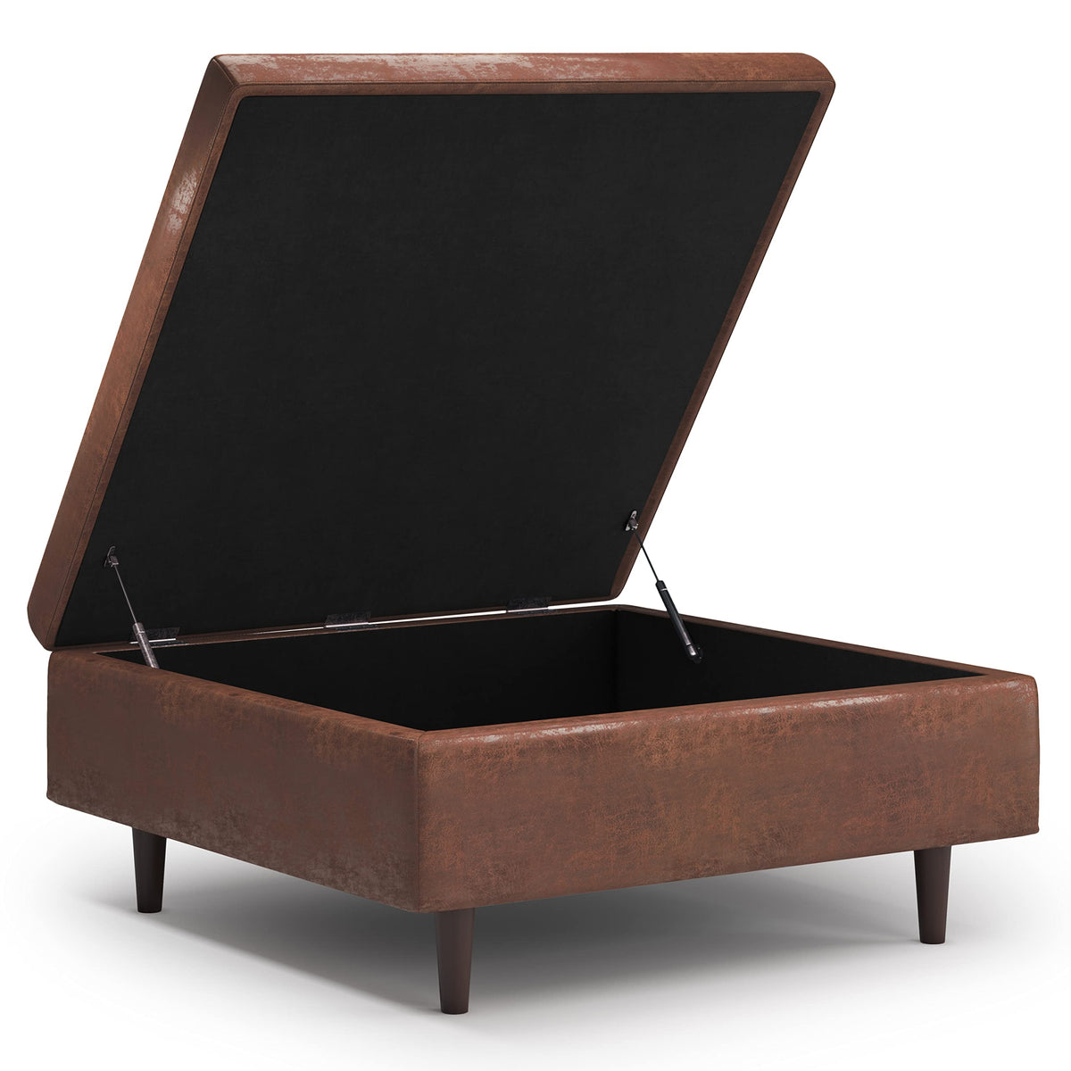 SIMPLIHOME Shay Coffee Table Storage Ottoman - 38 inch Wide Upholstered Vegan Leather Large Square Ottoman in Distressed Saddle Brown, Mid-Century Modern Tufted Ottoman for Living Room with Lift Top