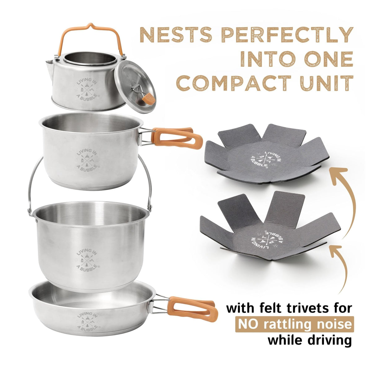 Living in a Bubble Premium 7-Piece Stainless Steel Cooking Set. Tri-layer Bonded Stainless-Steel - Ergonomic Handles with Silicone Sleeve - Compact & Stackable
