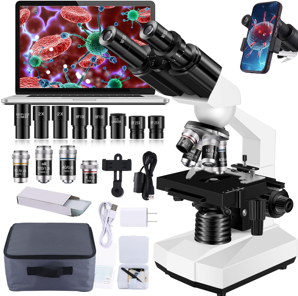 Woehrsh Microscope for Adults WF10x and WF25x eyepieces, 40X-2000X Magnification USB Camera, Microscope for Adults Suitable for Laboratory School (Large Model Binocular Electronic Eyepiece)