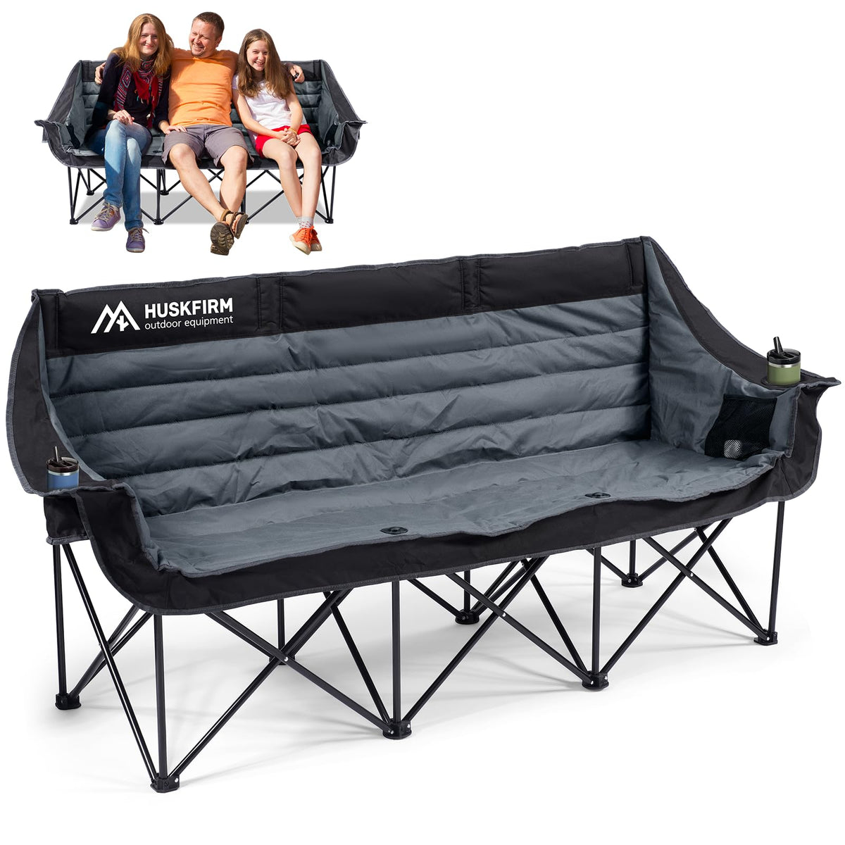 Huskfirm 3 Person Camping Chairs Folding Double Camping Chair Portable Oversized Loveseat Padded Camp Chair Heavy Duty Camping Couch for Adults Outdoor Lawn with Two Cup Holders and Carry Bag