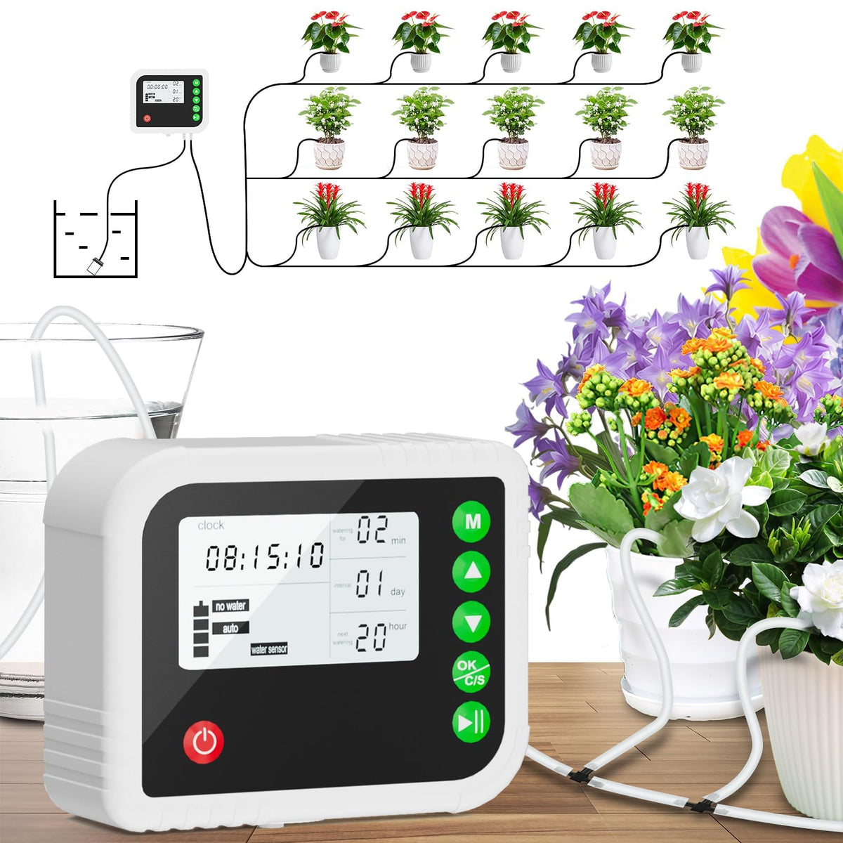 Automatic Plant Water Indoor, 15 Potted Plants Self Watering System, Automatic Drip Irrigation Kit Plant Watering Devices Programmable Water Timer, LED Display and Power Supply