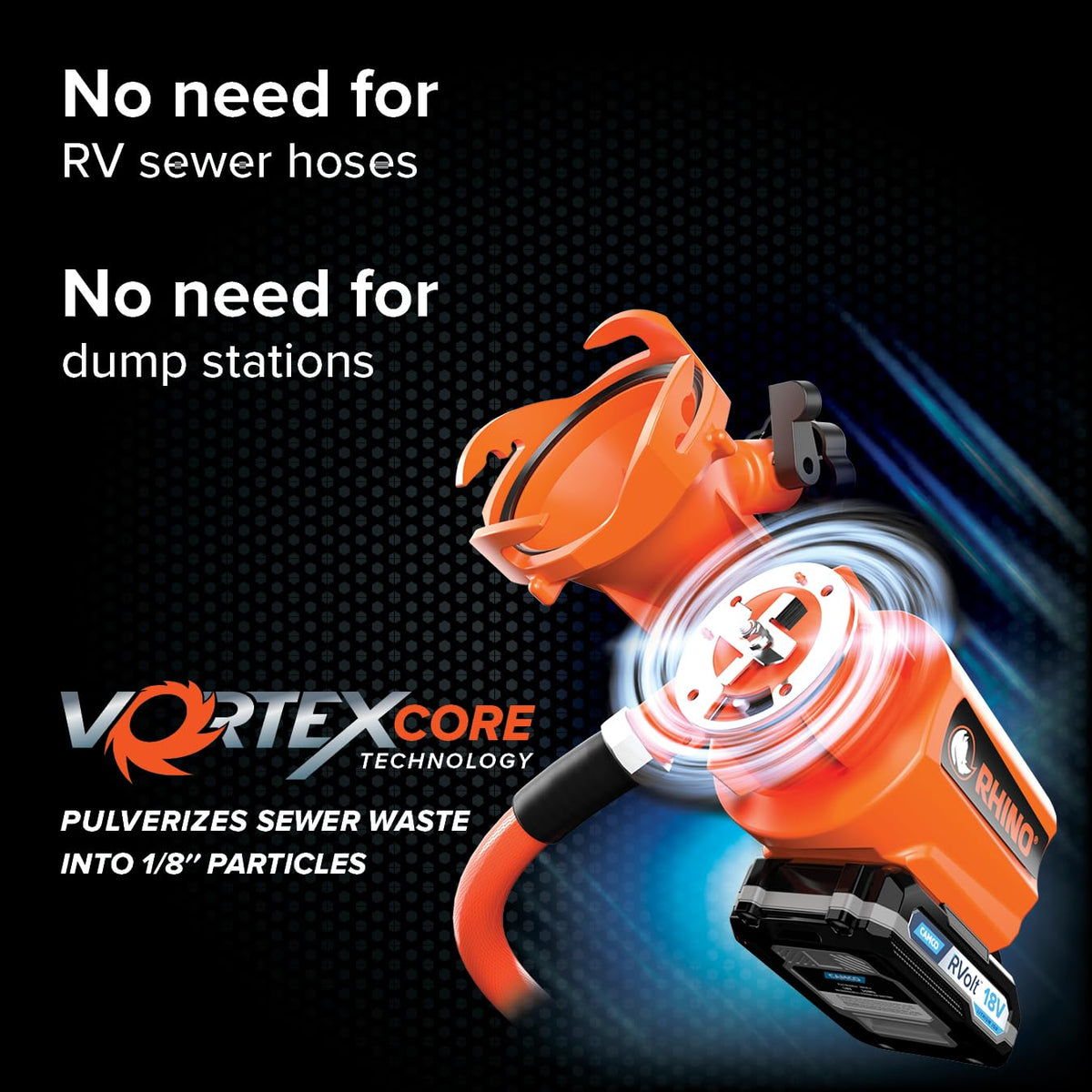 Camco Rhino 18V Cordless RV Macerator Pump – Portable Sewage Waste Pump System, Lithium Battery Powered, Pumps Uphill & Long Distance, Fits 3”–4” Sewer Outlet, Quiet Brushless Motor, 12 GPM (39030)