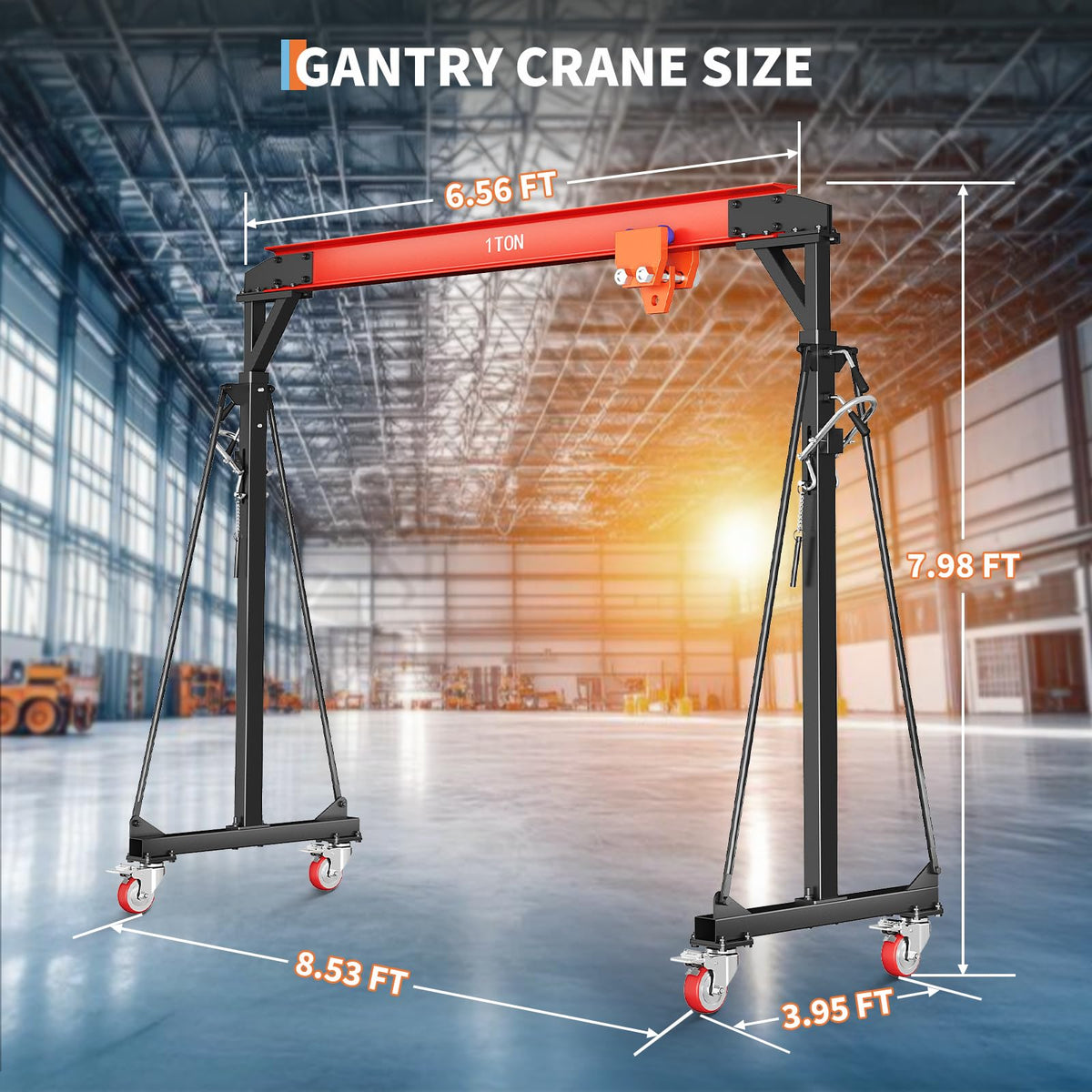 2200 LBS Gantry Crane with Manual Trolley, 1 Ton Gantry Crane with 8-12 FT Adjustable Height, Shop Crane Lift Hoist for Warehouse, Factory(with Hooks, Shackles)