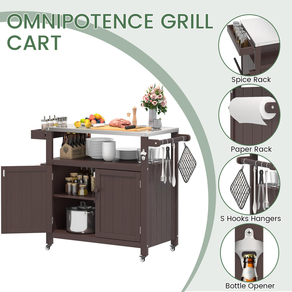 Sunnibety Weatherproof HIPS Outdoor Kitchen Island with Stainless Steel Top & Storage Cabinet, Movable Prep Table with Wheels for BBQ Food Prep, Outdoor Grill Cart for Parties, Brown