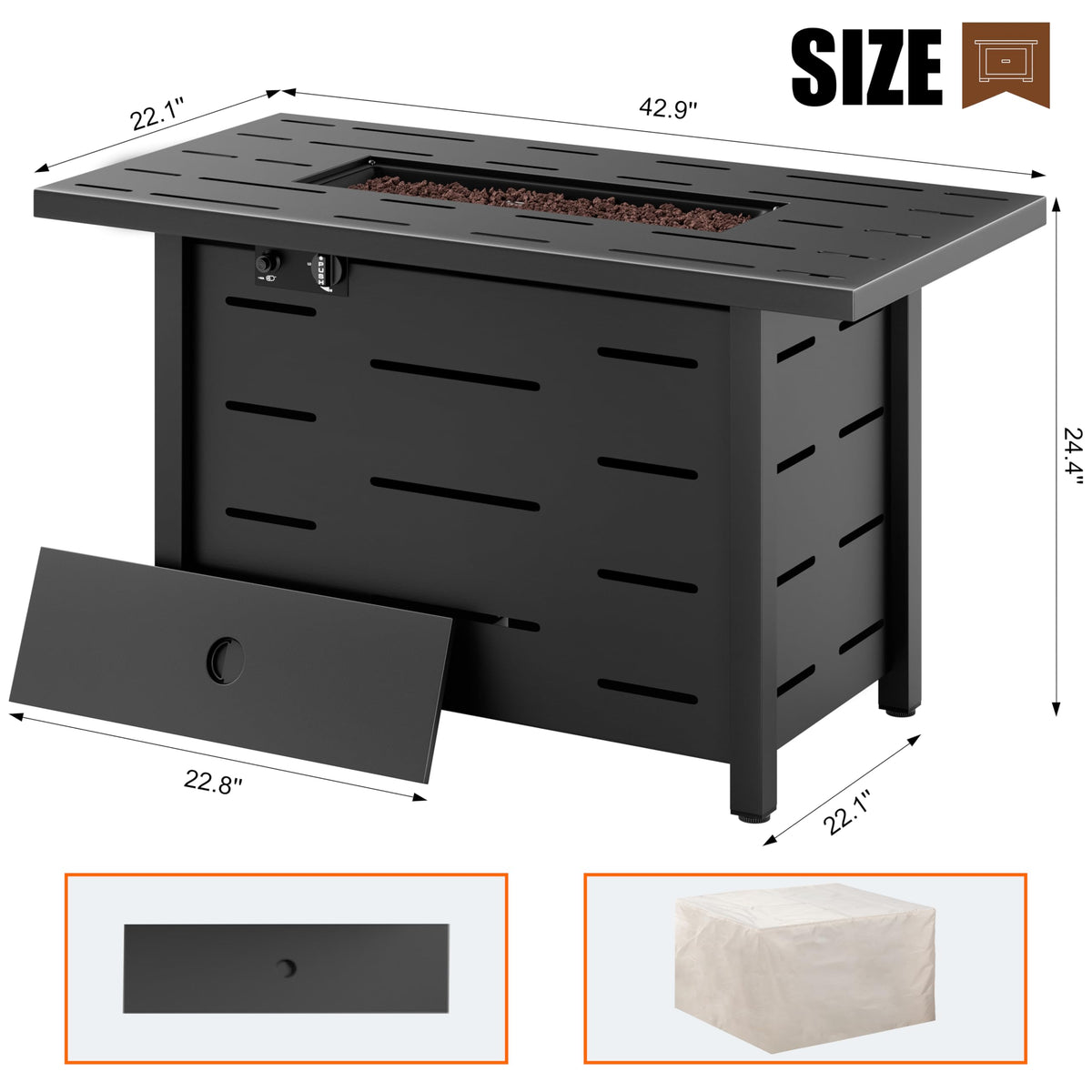 Walsunny 43 inch Outdoor Propane Fire Pit 50,000 BTU Gas Fire Pit Table with Lid, Waterproof Cover, Rectangle Gas Firepit Table for Garden/Patio, CSA Certification