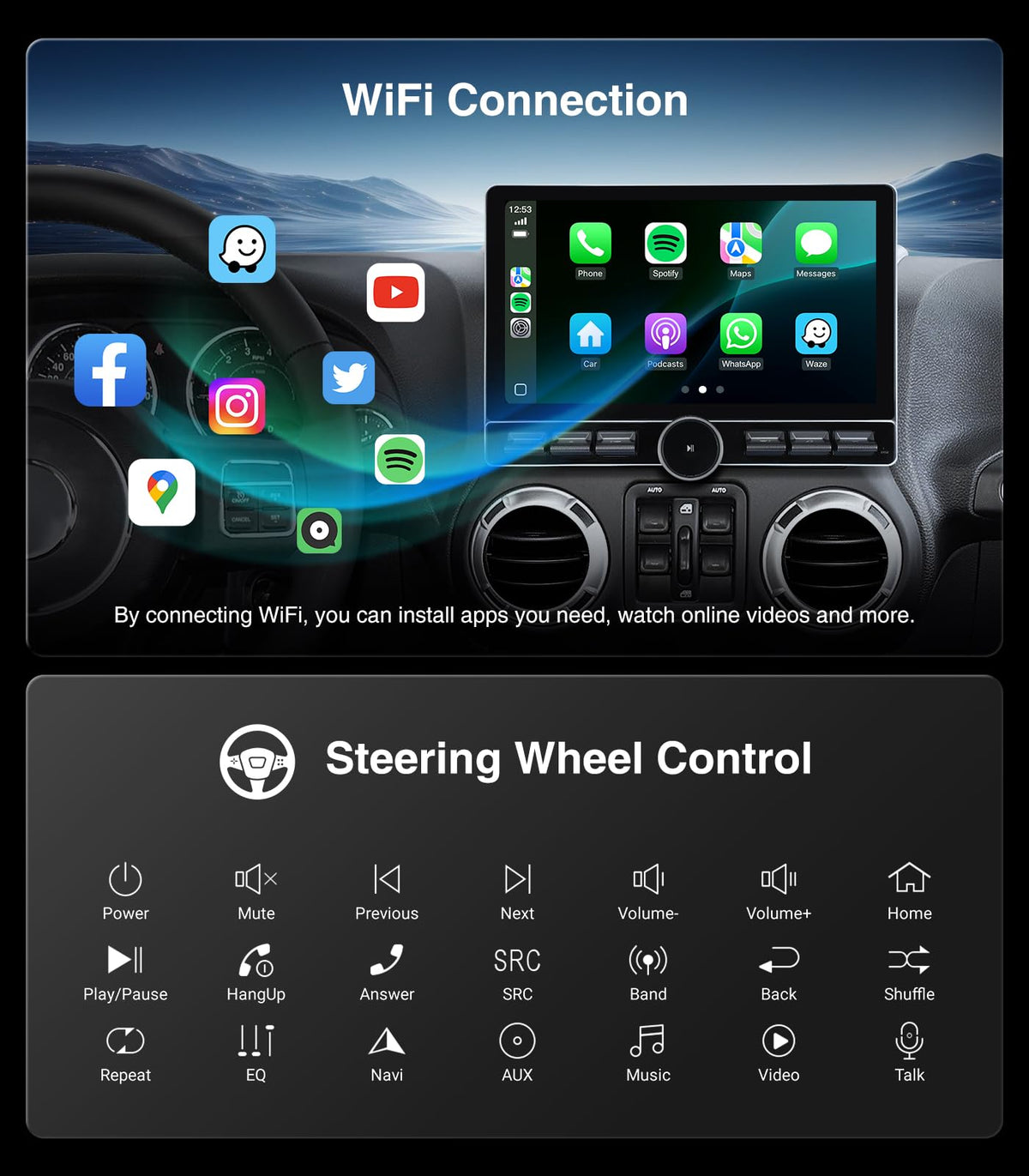 Car Stereo Radio Replacement Upgrade for Jeep Wrangler JK 2007-2018 Dodge Ram 1500 2500 2009-2012 Compass Grand Cherokee Wireless CarPlay Android Auto GPS Navigation Touchscreen Head Unit (6G+64G)
