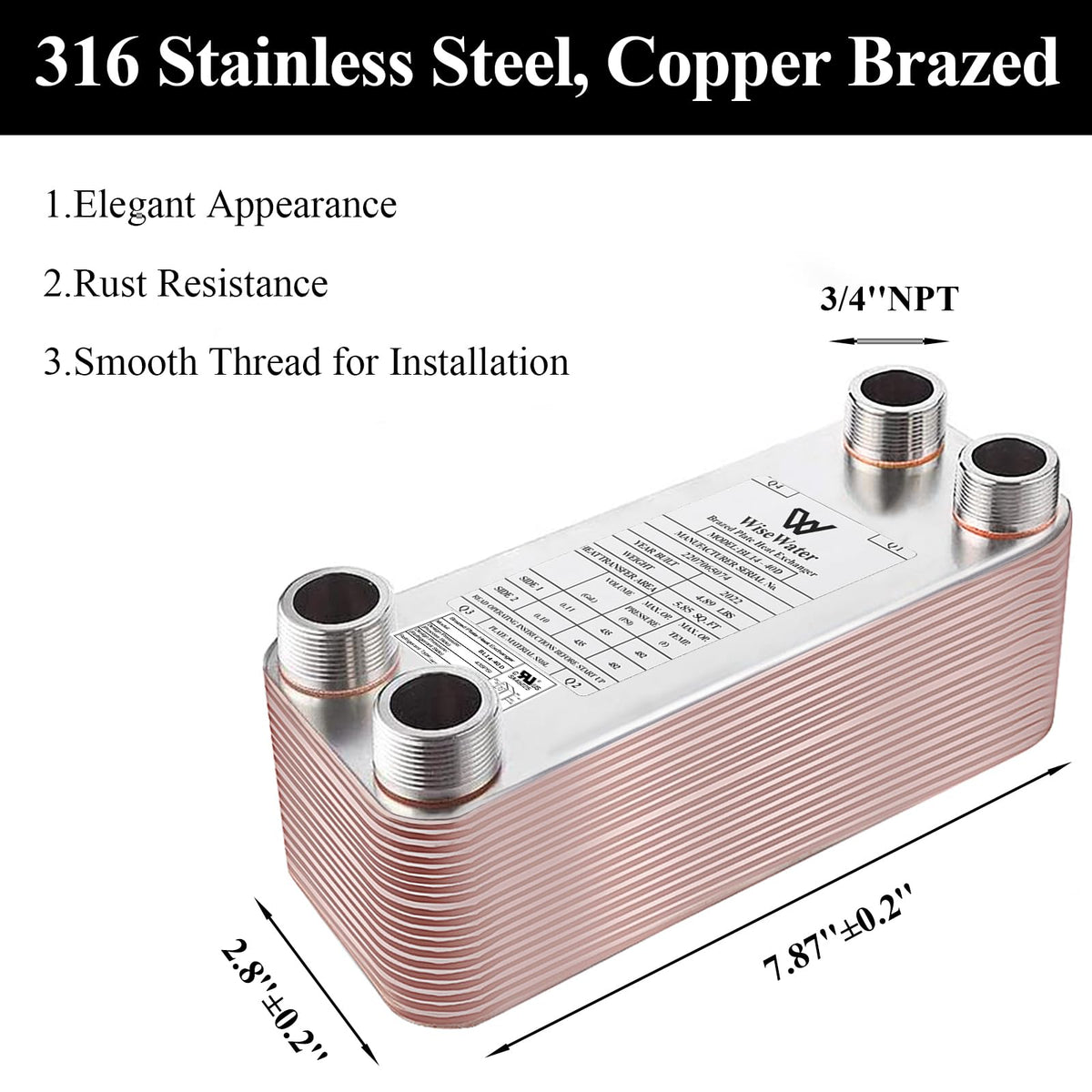 Brazed Plate Heat Exchanger Stainless Steel SS316L 3"x8" 26 Plates 3/4" MPT 210,000 BTU/hr Hydronic Heating