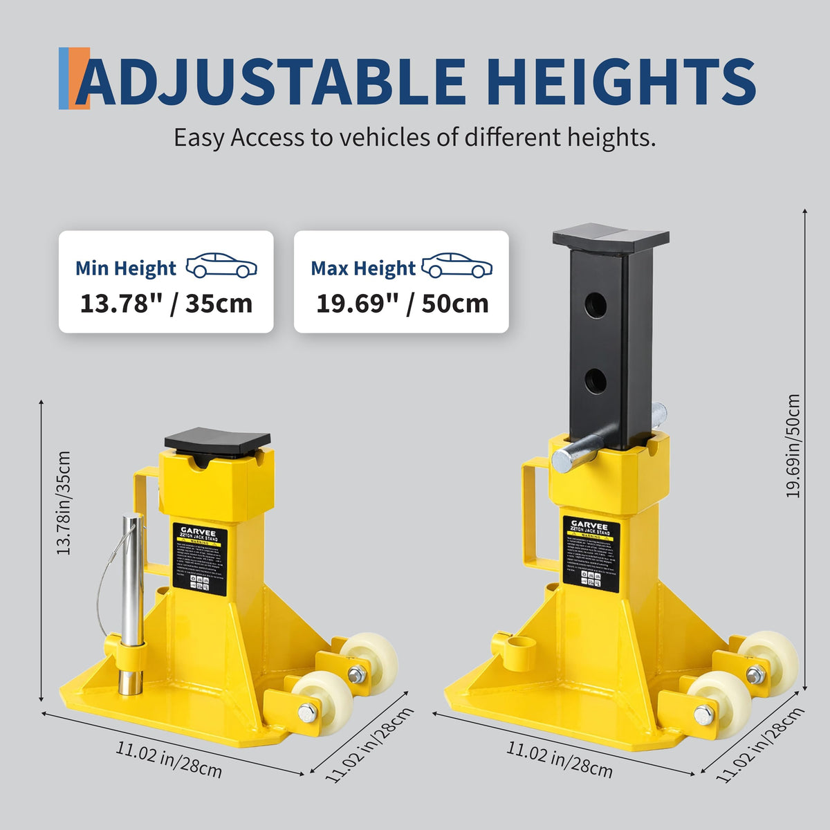 Heavy-Duty 22 Ton Steel Jack Auto Stand, Pin Type Jack Stands with Wheels, 13.8-19.7" Adjustable Height, Support for Trucks, Trailers, and Equipment, Professional Car Jack Stand with Loc,Yellow