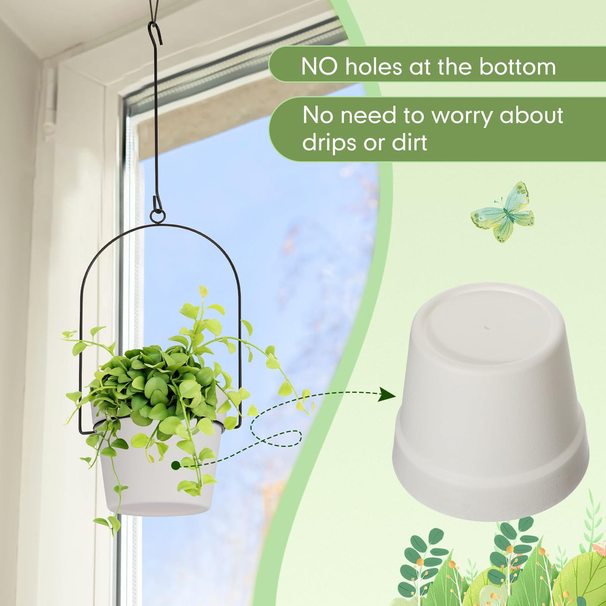Hushee 6 Packs Metal Hanging Planters for Outdoor Indoor Plants Plant Hanger with 6.3'' Plastic Pots Hanging Planter Basket for Garden Home Porch Decor (White)