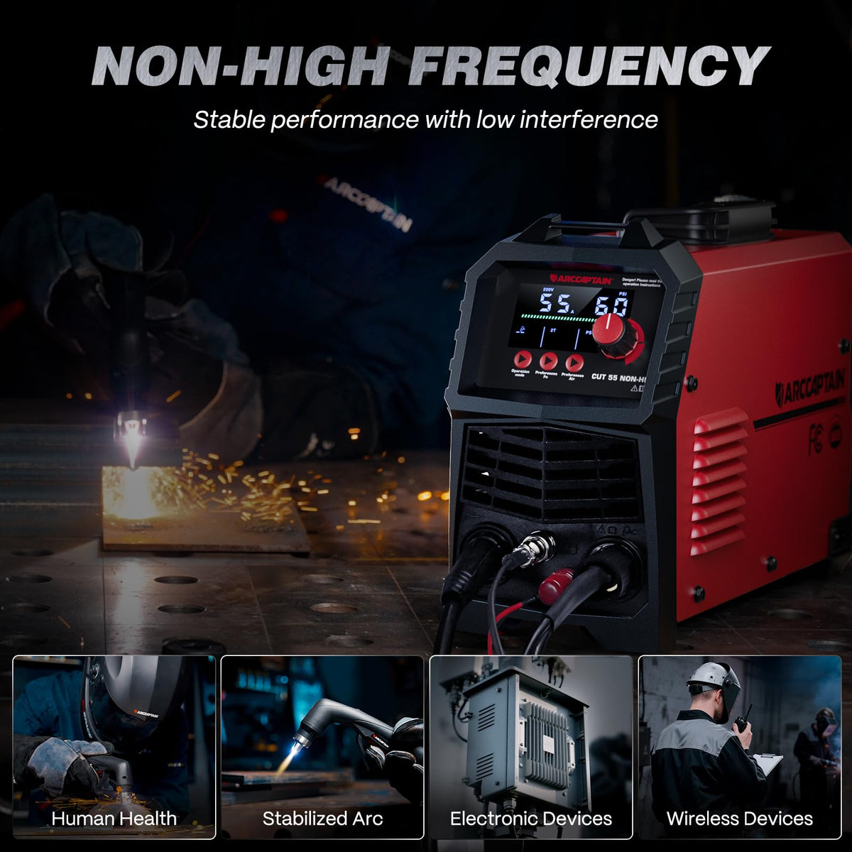 ARCCAPTAIN 55Amp Plasma Cutter, Blowback Non-HF Pilot Arc Plasma Cutting Machine + ARCCAPTAIN Internal Control Auto Darkening Welding Helmet