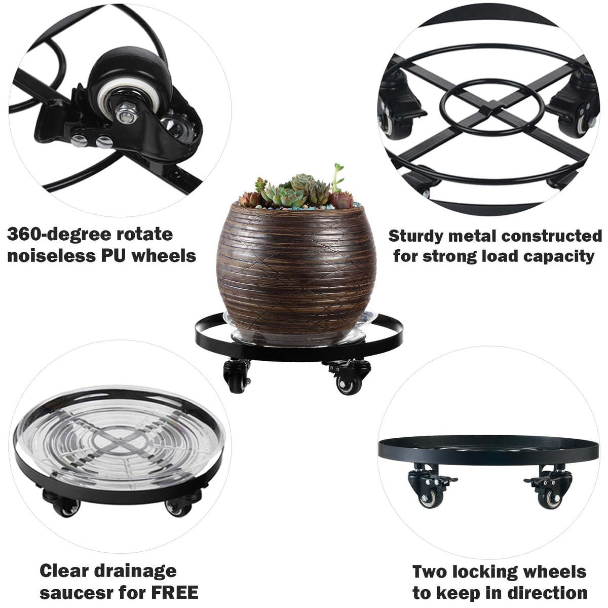 2 Packs Extra-large Metal Plant Caddy 15 Inches Plant Dolly with Wheels Heavy-Duty Rolling Plant Stand with Casters for Indoor Outdoor Wheeled Plant Pot Mover Rollers, Black