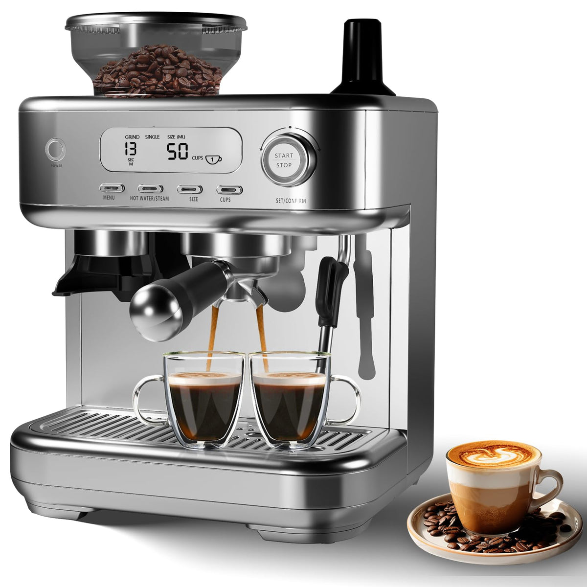 Espresso Machine with Grinder, Professional 15 Bar Espresso Maker, Cappuccino Coffee Machine with LCD Display, Steam Milk Frother, PID Temperature Control for Cappuccino, Latte - 78 Oz Water Tank