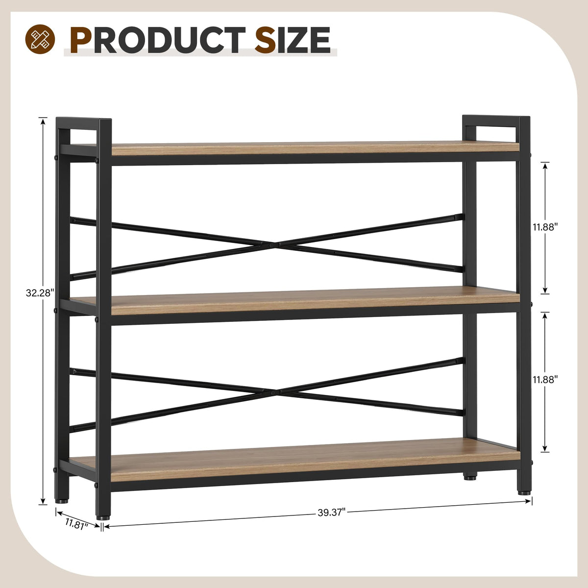 3 Tier Bookshelf 39.37" Width, Dorm Desk Hutch, Desk Shelf, Long Industrial Bookcase, Wooden Large Book Shelf for School Home Living Room Bedroom Office Storage(Light Coffee)