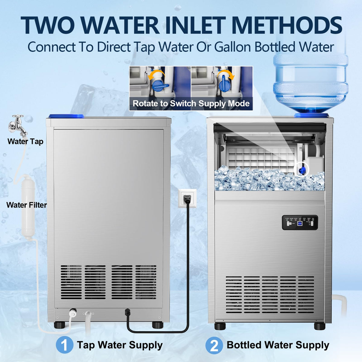 Commercial Ice Maker Machine, 150Lbs/24H with 45Lbs Storage, Fast Ice Making in 8-15Mins, Stainless Steel Under Counter or Freestanding Ice Machine for Home, Party, Office - 2 Water Inlet Modes