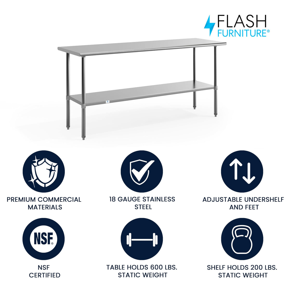Flash Furniture Reader NSF Certified Stainless Steel Kitchen Prep and Work Table, Commercial Work Table with Undershelf Storage, Silver