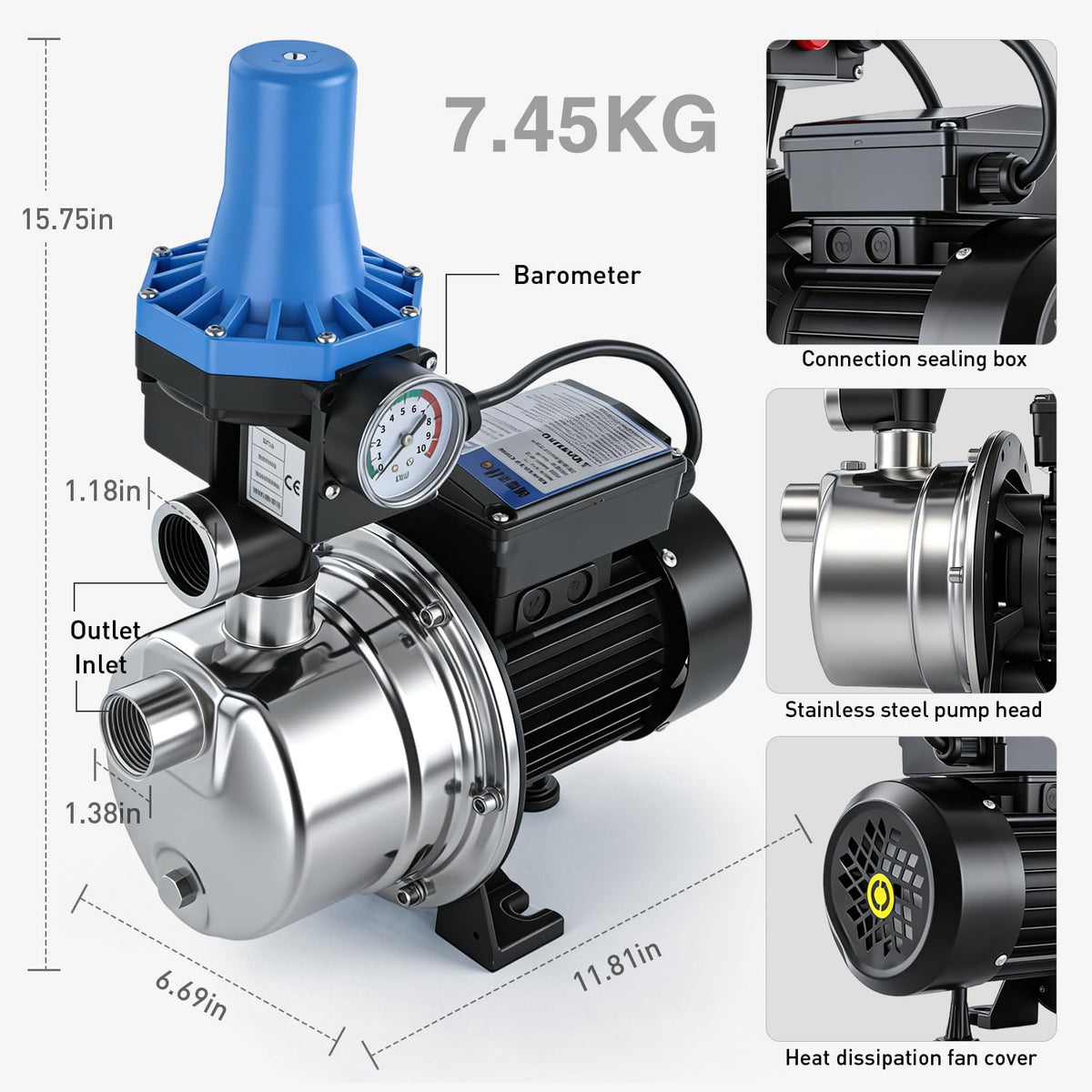 Weeflos 3/4 HP 1020 GPH Shallow Well Water Jet Pump Stainless Steel Automatic Water Booster Pump 118FT 115V for Home, Garden, Lawn Transfer Draining Irrigation