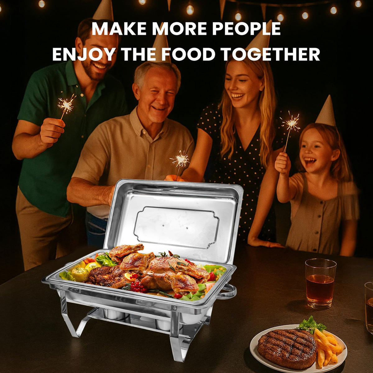 POWERFUEL Chafing Dishes for Buffet, 4 Pack 9QT Rectangular Stainless Steel Chafing Dishes Set with with 4 Serving Tongs, Serving Tray, Water Pan, Stand, Fuel Holder for Party, Gathering, Wedding