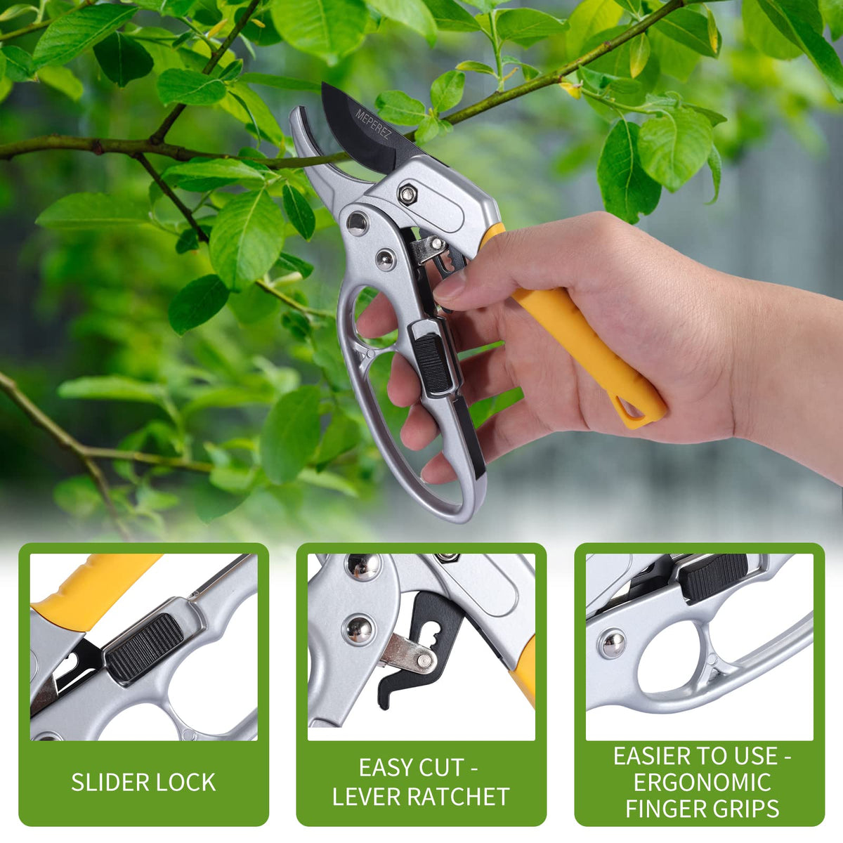 MEPEREZ Premium Germany Pruning Shears, Work 3 Times Easier, Pruners Heady Duty, Sharp Garden Clippers Cut Fresh Flower, Hedge, Herb, Indoor Plants, Gardening Tools Scissors, Arthritis Weak Hand Snips
