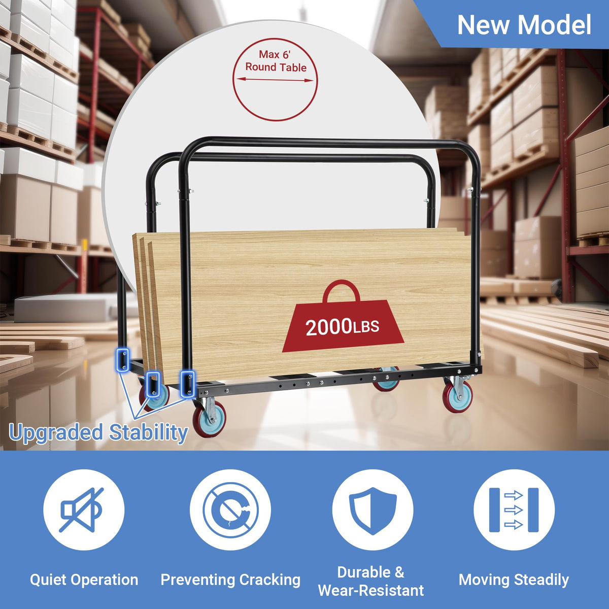Eastrexon Updated Folding Table Cart, 5" Swivel Wheels Heavy Duty Table Dolly, Drywall Dolly Cart w/ 2000 LBS & 10 Table Capacity for Party Events, Factory, Hotel, Warehouse
