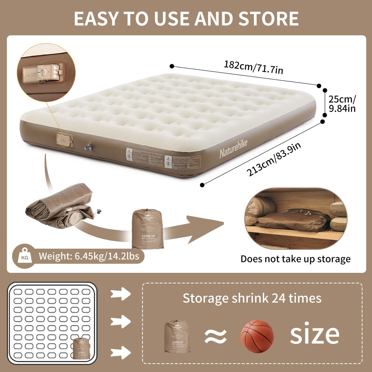 Naturehike California King Size Air Mattress with Built-in USB Rechargeable Pump, 992 lbs Max Support Inflatable Mattresses, Blow up Mattress Air Bed for Home, Camping, Guests, Travel
