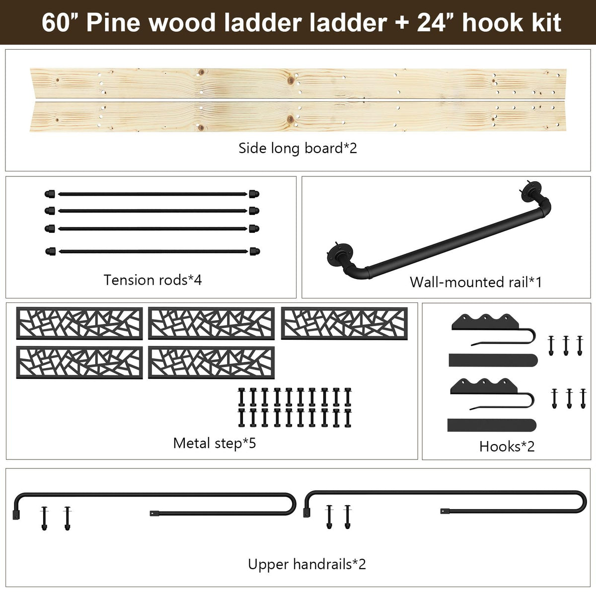 LKCBITION 60inch Knotty Pine Wood Library Ladder with Black Metal Step and Handle, Includes 24inch Rustic Black Wall Mount Pipe Railing with Hooks(Suitable Installation Height 58-3/4")