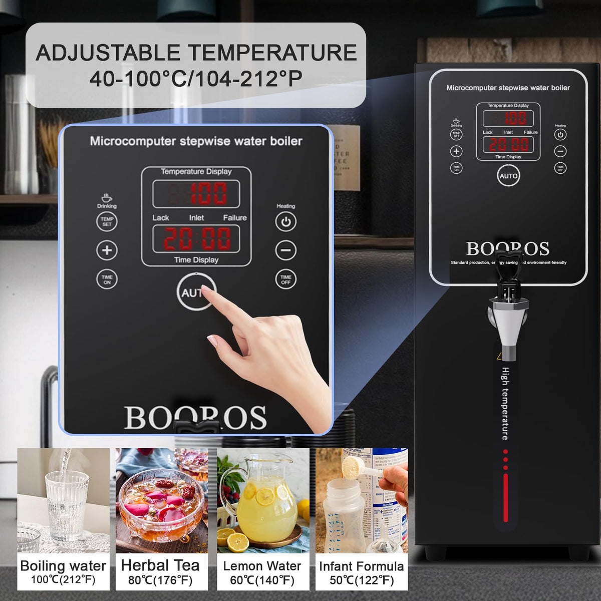 BOOROS Commercial Hot Water Dispenser Black Hot Water Dispenser Countertop 15L Commercial Hot Water Boiler, 24-Hour Timer,1500W Step-heating 38L(10GAL)/Hour for Restaurant,Hotel,Office,Home,Capacity